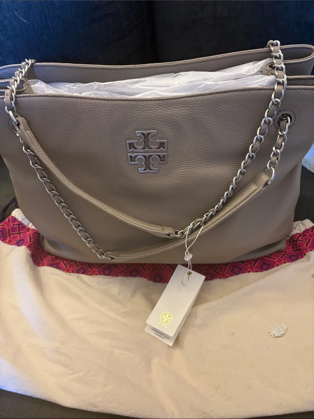 Tory Burch Pebbled Leather Chain-Handle Tote in Taupe